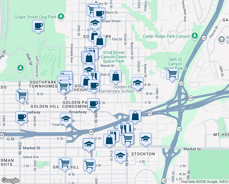 map of restaurants, bars, coffee shops, grocery stores, and more near 3089 B Street in San Diego