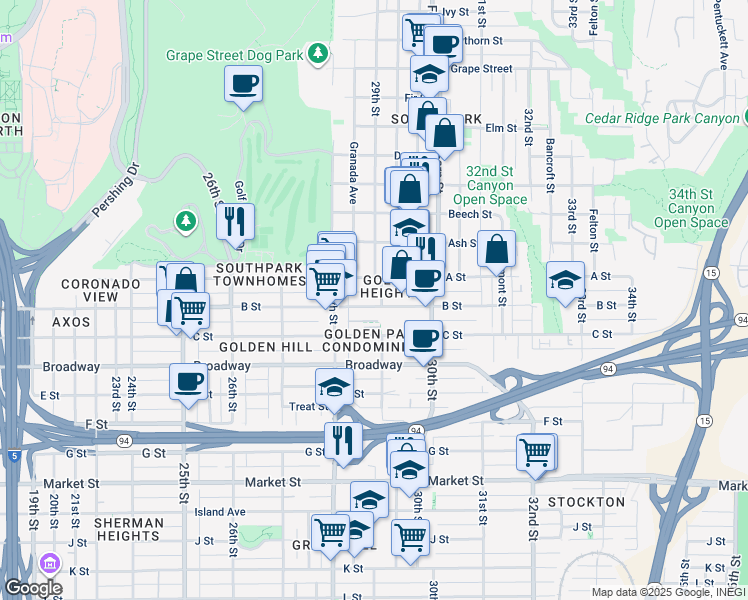 map of restaurants, bars, coffee shops, grocery stores, and more near 2874 B Street in San Diego