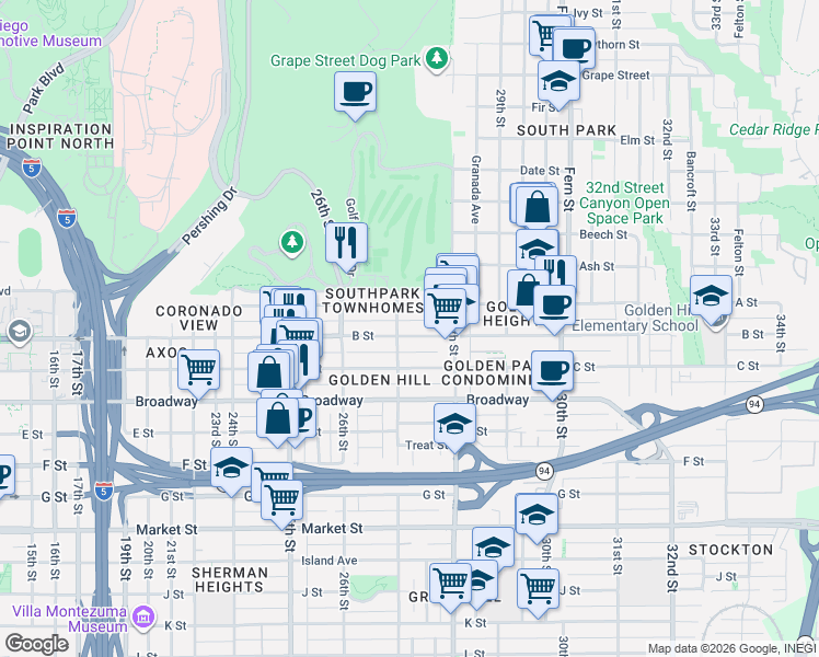 map of restaurants, bars, coffee shops, grocery stores, and more near 2716 B Street in San Diego