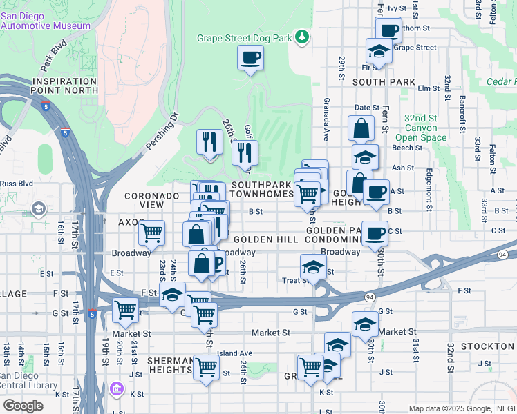 map of restaurants, bars, coffee shops, grocery stores, and more near 2672 B Street in San Diego