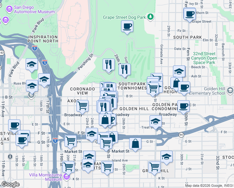 map of restaurants, bars, coffee shops, grocery stores, and more near 2528 B Street in San Diego