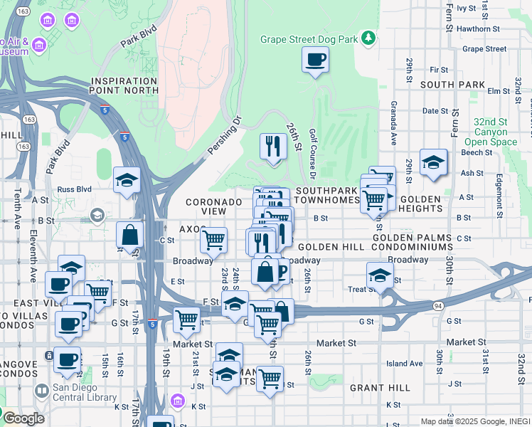 map of restaurants, bars, coffee shops, grocery stores, and more near 2472 B Street in San Diego