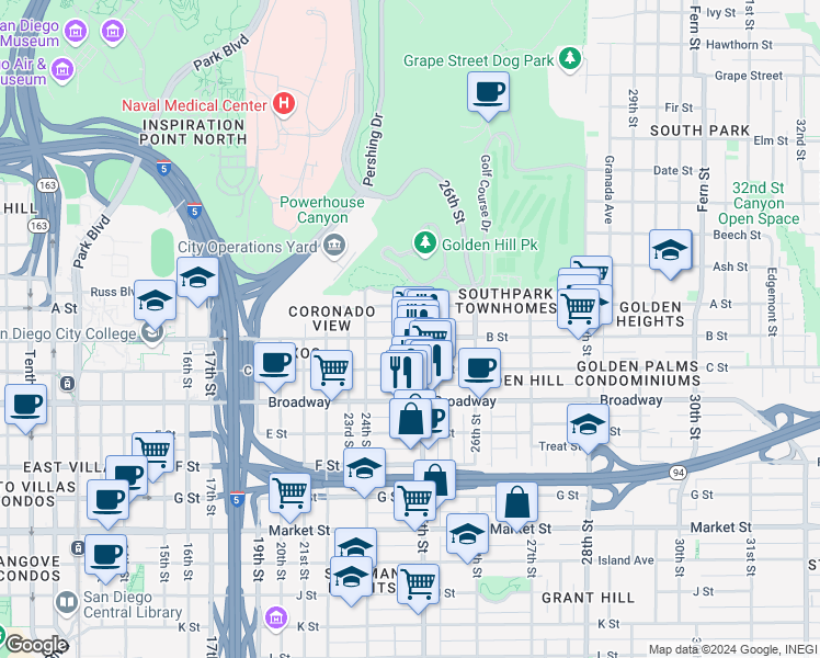 map of restaurants, bars, coffee shops, grocery stores, and more near 2472 B Street in San Diego