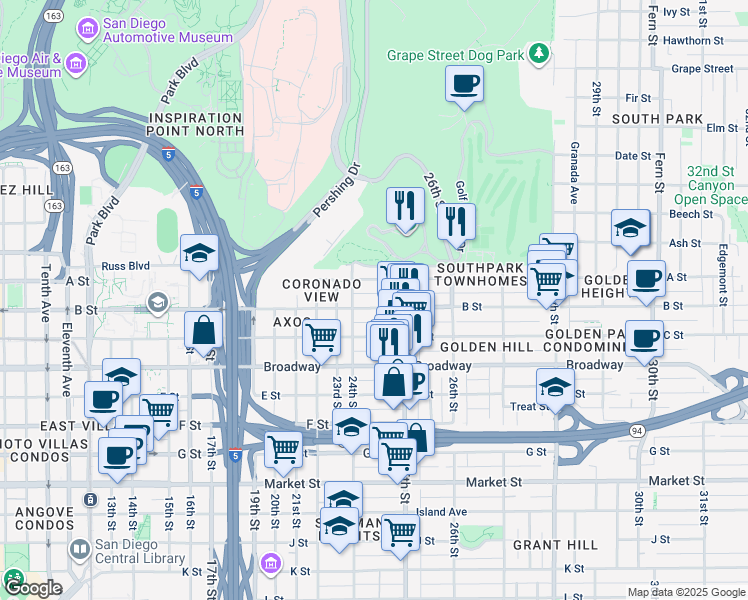 map of restaurants, bars, coffee shops, grocery stores, and more near 2472 B Street in San Diego