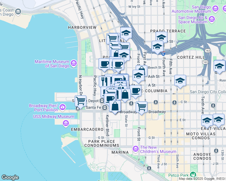 map of restaurants, bars, coffee shops, grocery stores, and more near 550 West B Street in San Diego