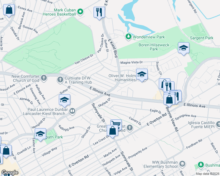map of restaurants, bars, coffee shops, grocery stores, and more near 2311 East Illinois Avenue in Dallas