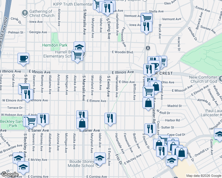 map of restaurants, bars, coffee shops, grocery stores, and more near 2427 Harlandale Avenue in Dallas