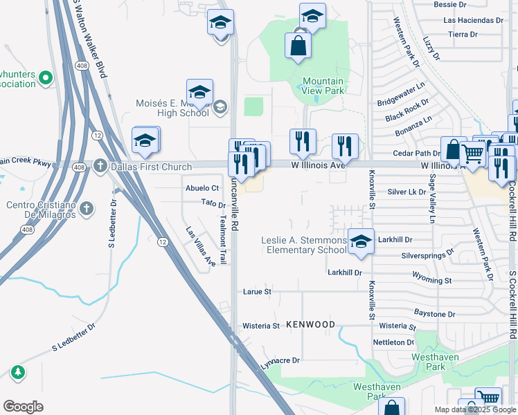 map of restaurants, bars, coffee shops, grocery stores, and more near 4932 Rolling Meadows Drive in Dallas