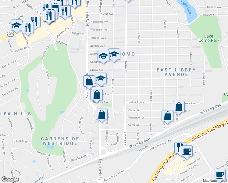 map of restaurants, bars, coffee shops, grocery stores, and more near 5800 Farnsworth Avenue in Fort Worth