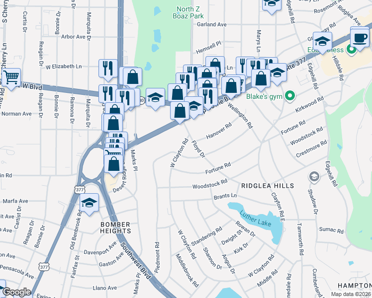 map of restaurants, bars, coffee shops, grocery stores, and more near 6820 Kirkwood Road in Fort Worth