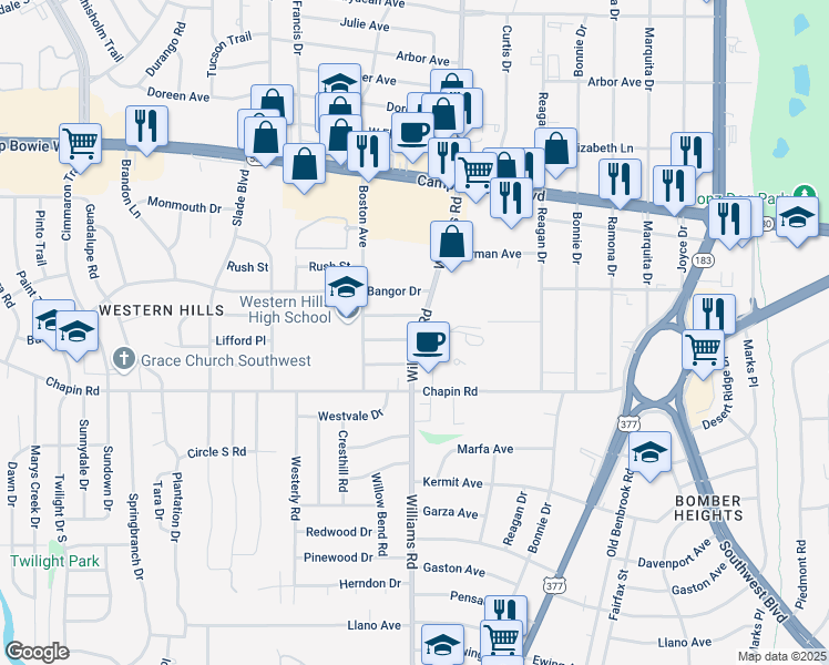 map of restaurants, bars, coffee shops, grocery stores, and more near 3701 Williams Road in Fort Worth