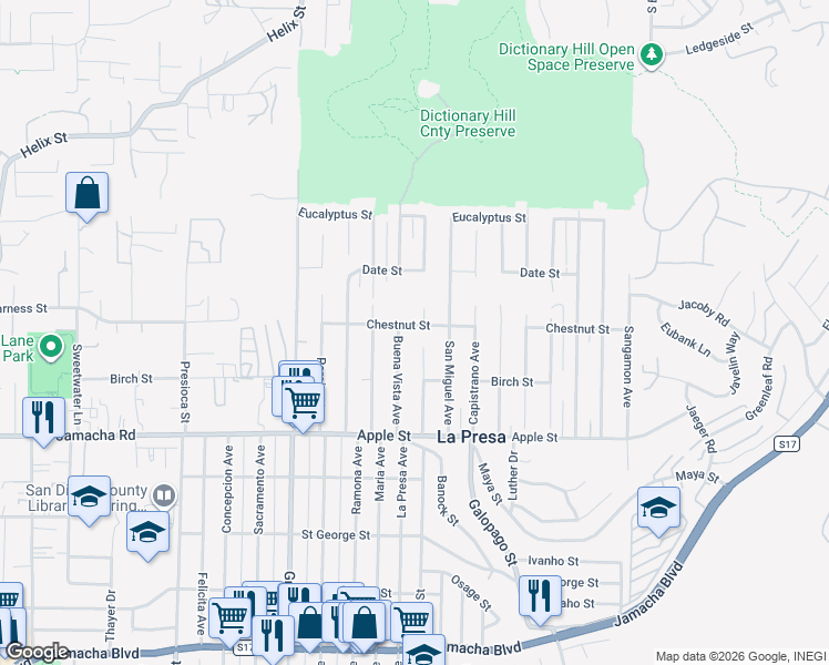 map of restaurants, bars, coffee shops, grocery stores, and more near 1310 La Presa Avenue in Spring Valley