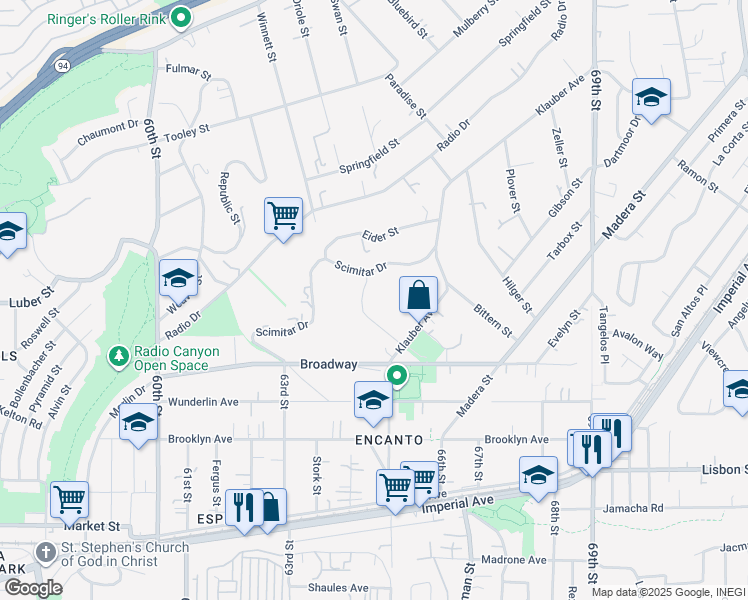 map of restaurants, bars, coffee shops, grocery stores, and more near 1219 Wren Street in San Diego