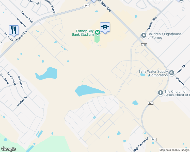 map of restaurants, bars, coffee shops, grocery stores, and more near 4040 Woodford Drive in Forney