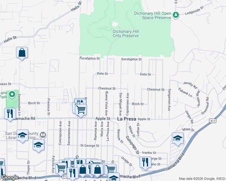 map of restaurants, bars, coffee shops, grocery stores, and more near 9559 Chestnut Street in Spring Valley