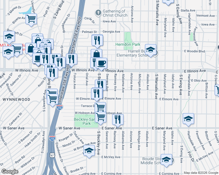 map of restaurants, bars, coffee shops, grocery stores, and more near 2431 Seevers Avenue in Dallas