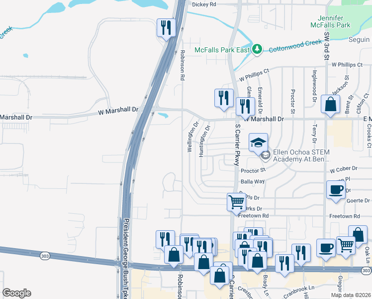map of restaurants, bars, coffee shops, grocery stores, and more near 1910 Wellington Drive in Grand Prairie
