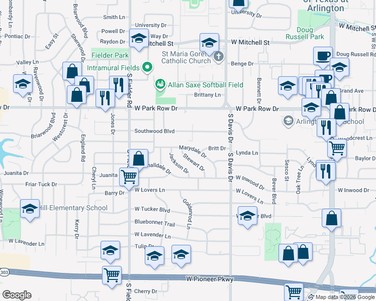 map of restaurants, bars, coffee shops, grocery stores, and more near 1304 Marydale Drive in Arlington