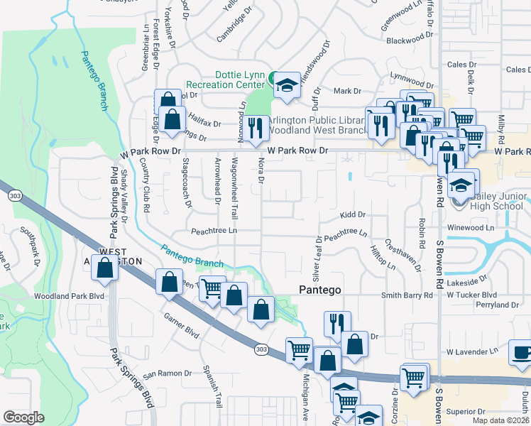 map of restaurants, bars, coffee shops, grocery stores, and more near 2817 Wood Wind Drive in Pantego