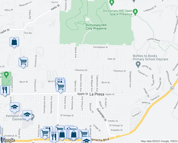 map of restaurants, bars, coffee shops, grocery stores, and more near 9571 Chestnut Street in Spring Valley