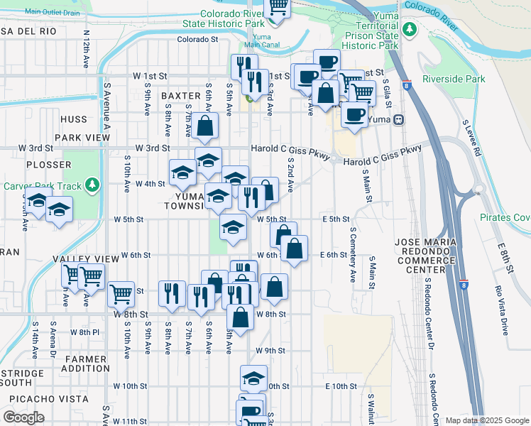 map of restaurants, bars, coffee shops, grocery stores, and more near 482 South Orange Avenue in Yuma
