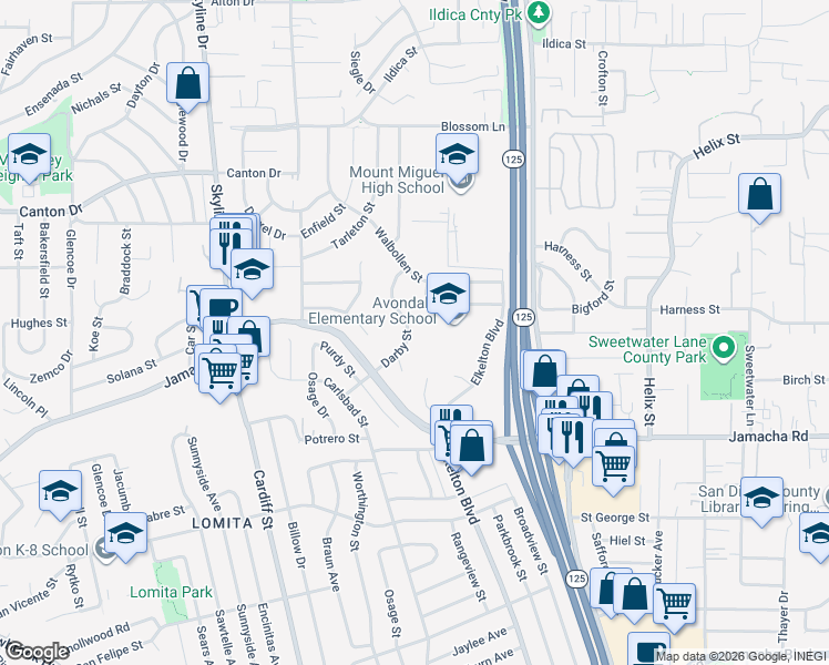 map of restaurants, bars, coffee shops, grocery stores, and more near 8401 Stansbury Street in Spring Valley
