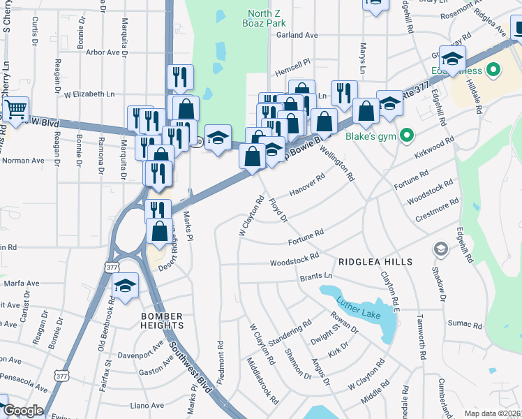 map of restaurants, bars, coffee shops, grocery stores, and more near 6820 Kirkwood Road in Fort Worth