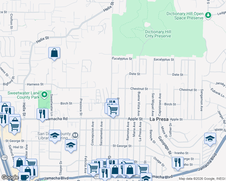 map of restaurants, bars, coffee shops, grocery stores, and more near 1319 Grand Avenue in Spring Valley