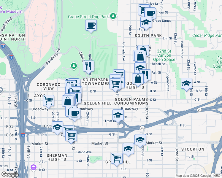 map of restaurants, bars, coffee shops, grocery stores, and more near 2716 B Street in San Diego