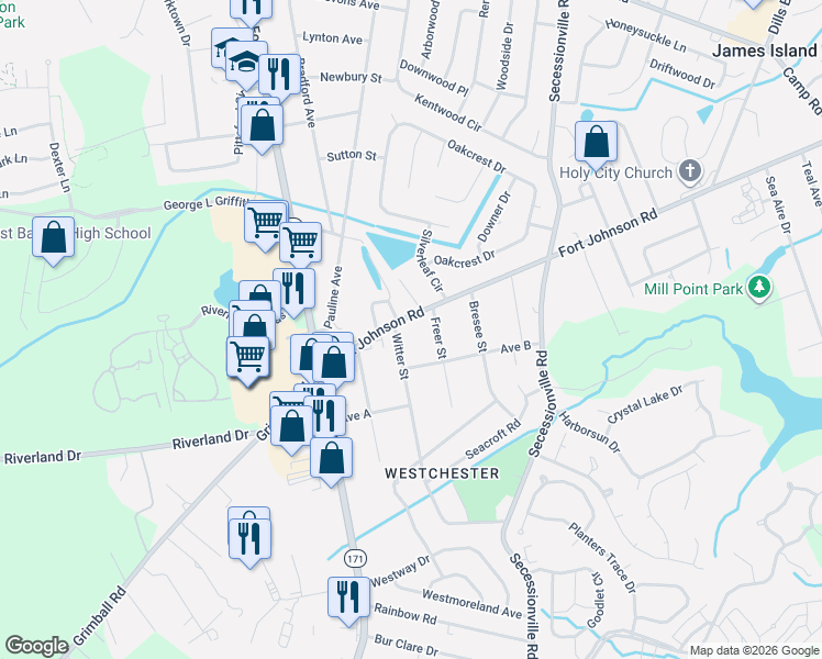 map of restaurants, bars, coffee shops, grocery stores, and more near 1310 Witter Street in Charleston