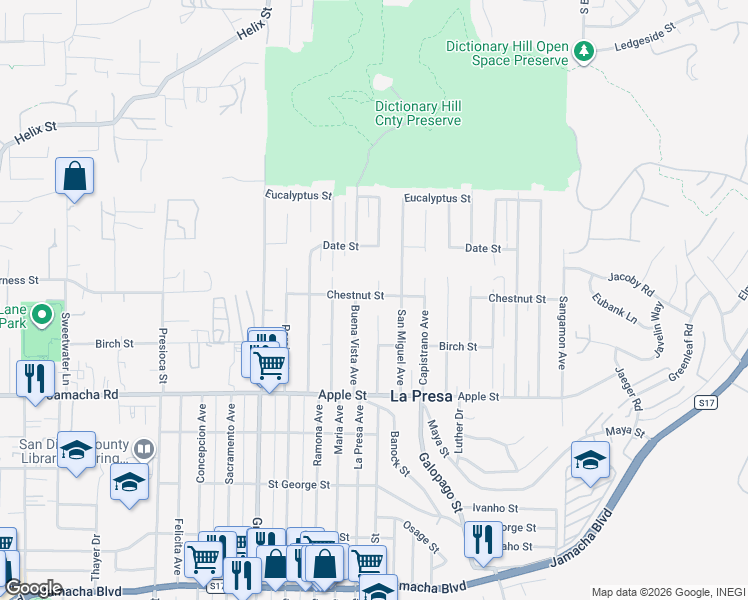 map of restaurants, bars, coffee shops, grocery stores, and more near 9559 Chestnut Street in Spring Valley