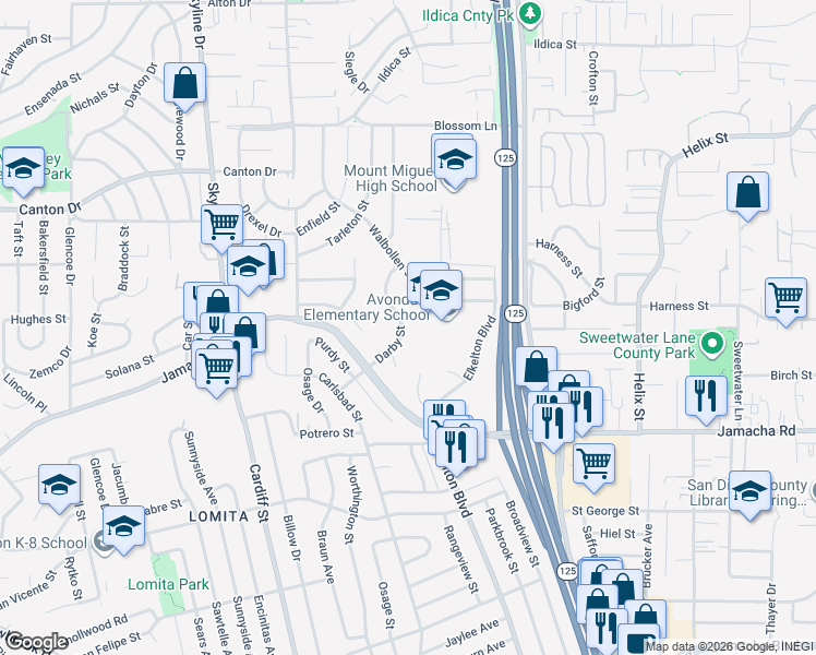 map of restaurants, bars, coffee shops, grocery stores, and more near 1265 Darby Street in Spring Valley