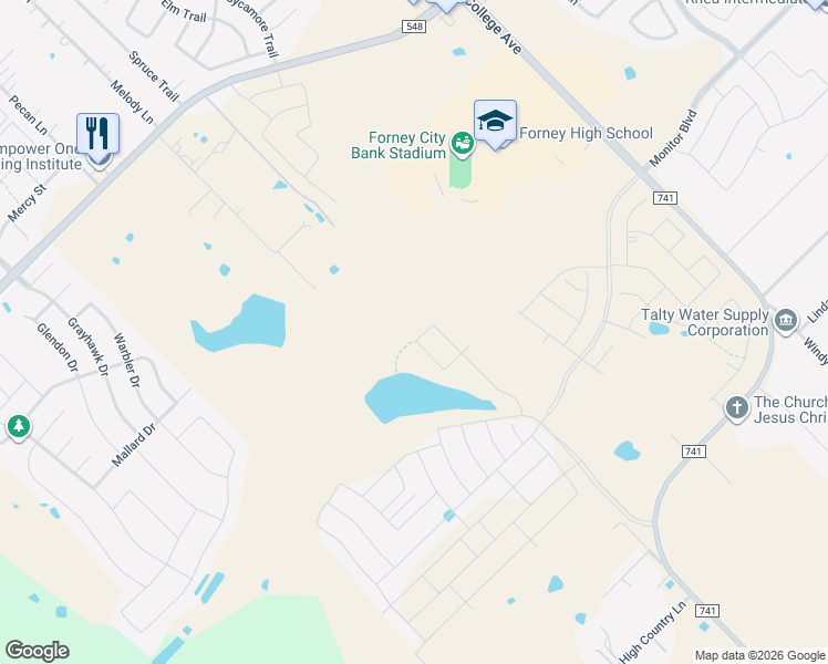 map of restaurants, bars, coffee shops, grocery stores, and more near 4114 Fern Loop in Forney
