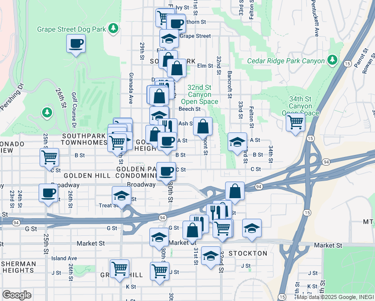 map of restaurants, bars, coffee shops, grocery stores, and more near 3060 B Street in San Diego