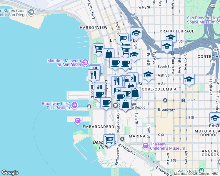 map of restaurants, bars, coffee shops, grocery stores, and more near 1205 Pacific Highway in San Diego