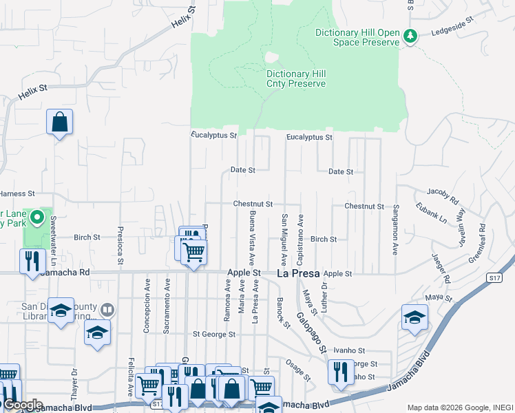 map of restaurants, bars, coffee shops, grocery stores, and more near 1310 La Presa Avenue in Spring Valley