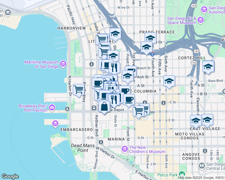 map of restaurants, bars, coffee shops, grocery stores, and more near 401 West A Street in San Diego