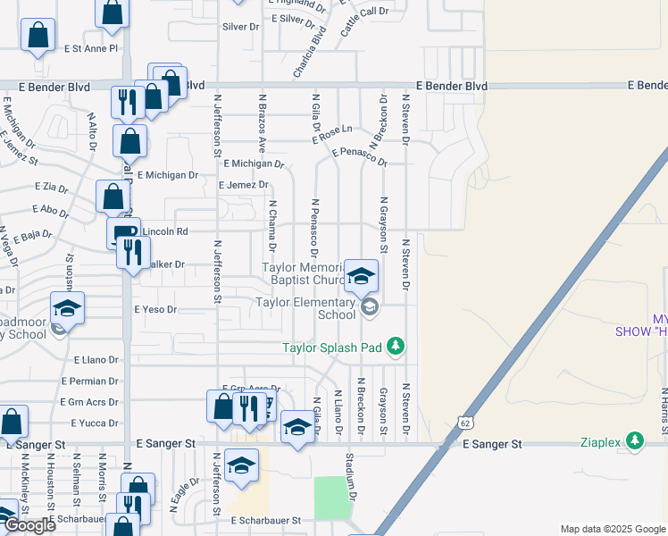 map of restaurants, bars, coffee shops, grocery stores, and more near 1643 North Gila Drive in Hobbs
