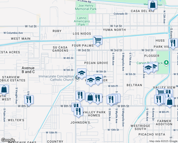map of restaurants, bars, coffee shops, grocery stores, and more near 550 West 5th Street in Yuma