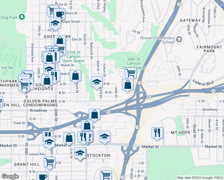 map of restaurants, bars, coffee shops, grocery stores, and more near 3377 B Street in San Diego