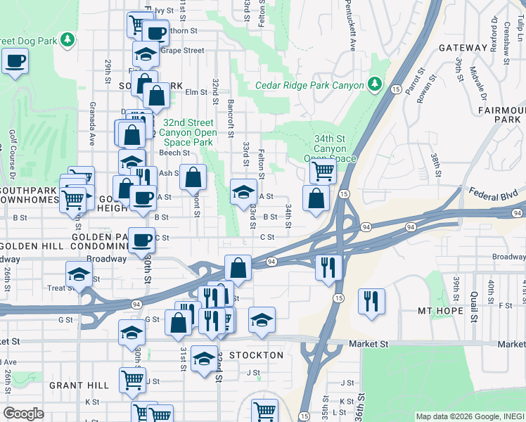 map of restaurants, bars, coffee shops, grocery stores, and more near 3302 B Street in San Diego