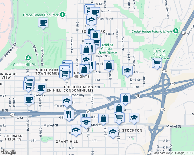 map of restaurants, bars, coffee shops, grocery stores, and more near in San Diego