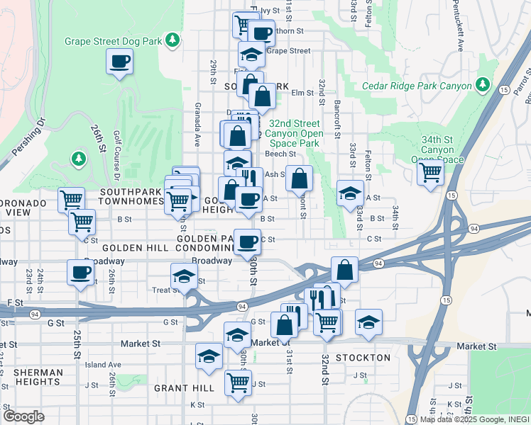 map of restaurants, bars, coffee shops, grocery stores, and more near in San Diego