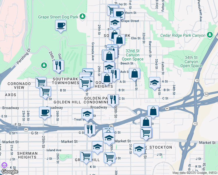 map of restaurants, bars, coffee shops, grocery stores, and more near 2956 1/2 B Street in San Diego