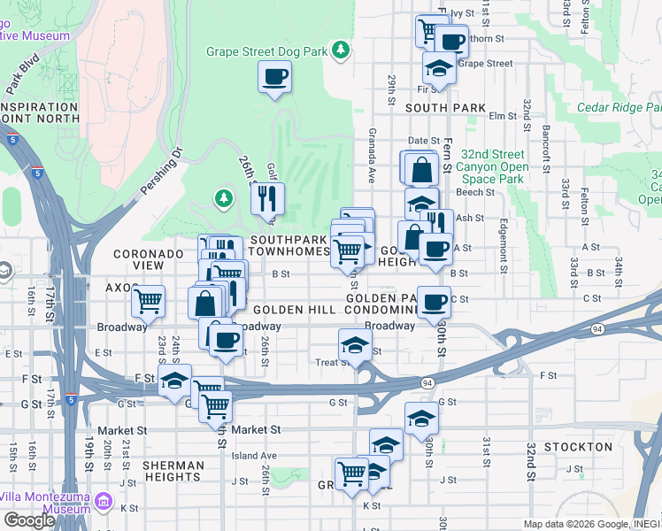 map of restaurants, bars, coffee shops, grocery stores, and more near 2716 B Street in San Diego