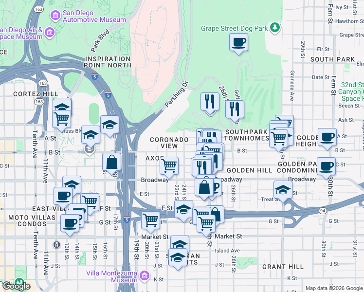 map of restaurants, bars, coffee shops, grocery stores, and more near 2406 B Street in San Diego