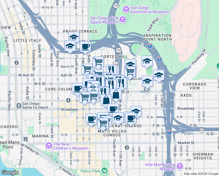 map of restaurants, bars, coffee shops, grocery stores, and more near 912 B Street in San Diego
