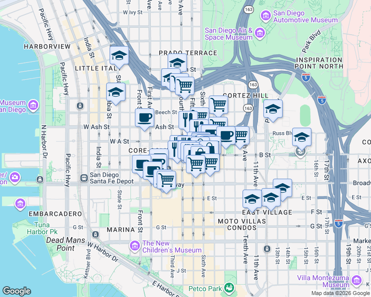 map of restaurants, bars, coffee shops, grocery stores, and more near in San Diego