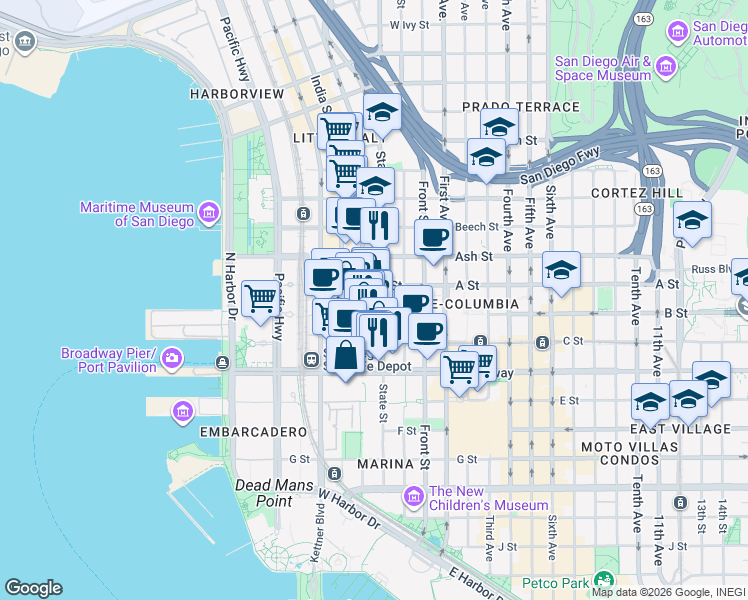 map of restaurants, bars, coffee shops, grocery stores, and more near 1200 State Street in San Diego
