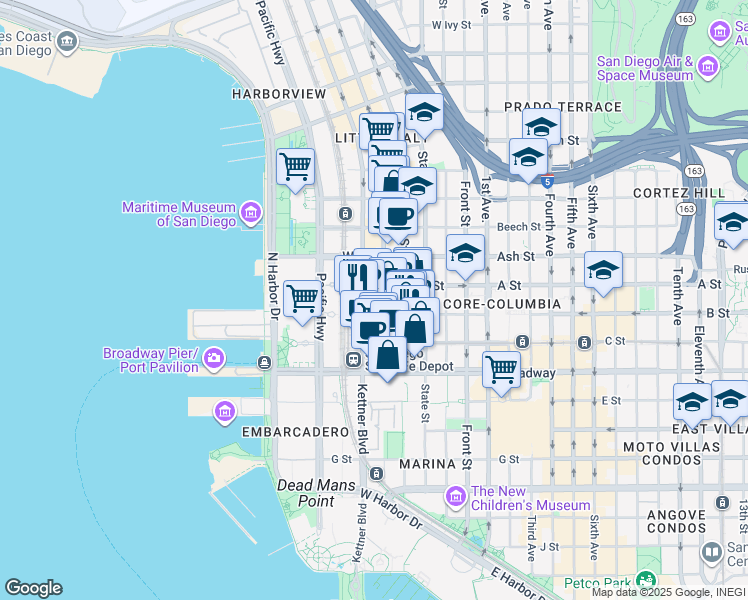map of restaurants, bars, coffee shops, grocery stores, and more near 550 West B Street in San Diego